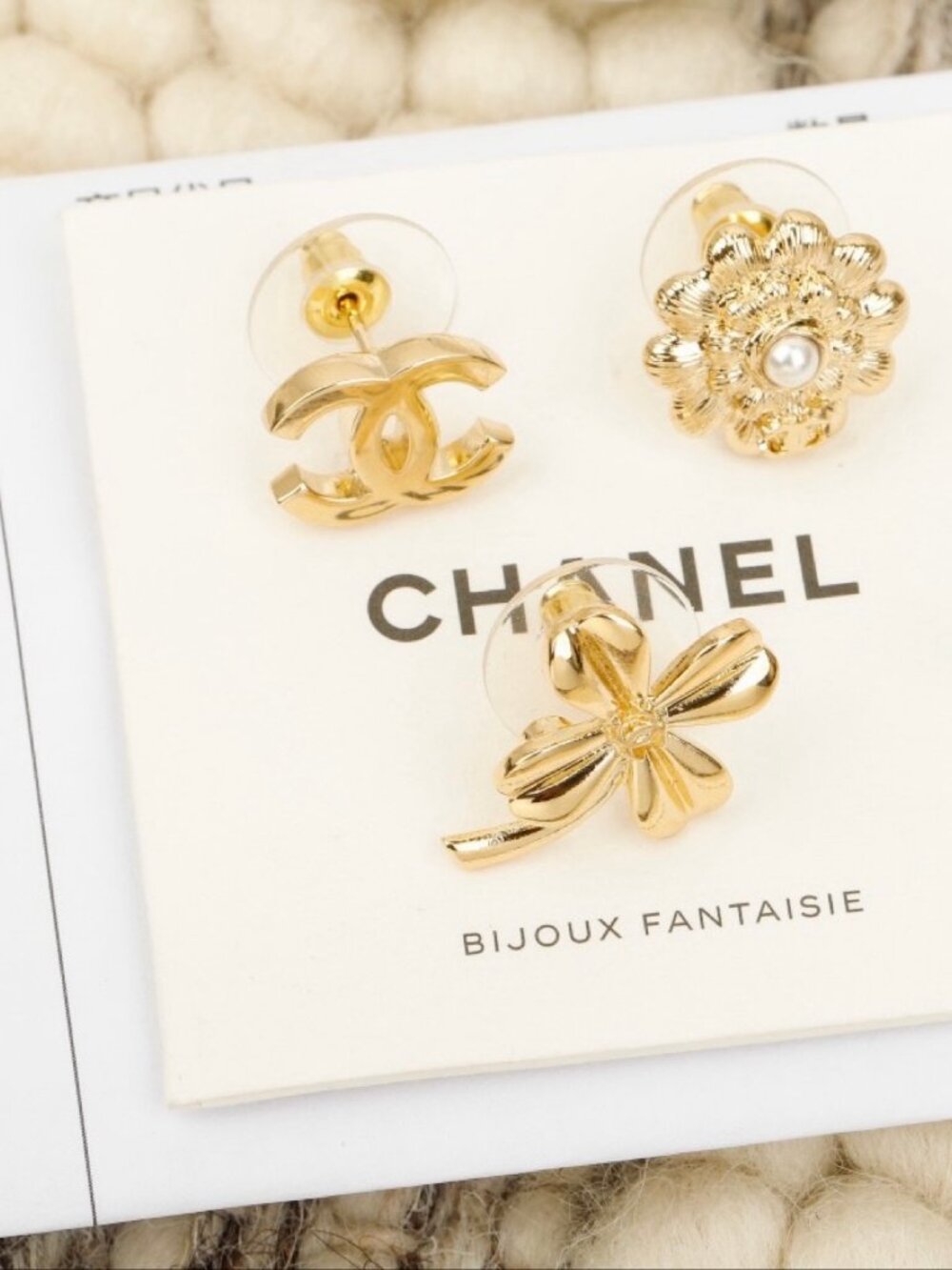 Chanel Gold-Tone CC Flower Clover Stud Earring Set of 3